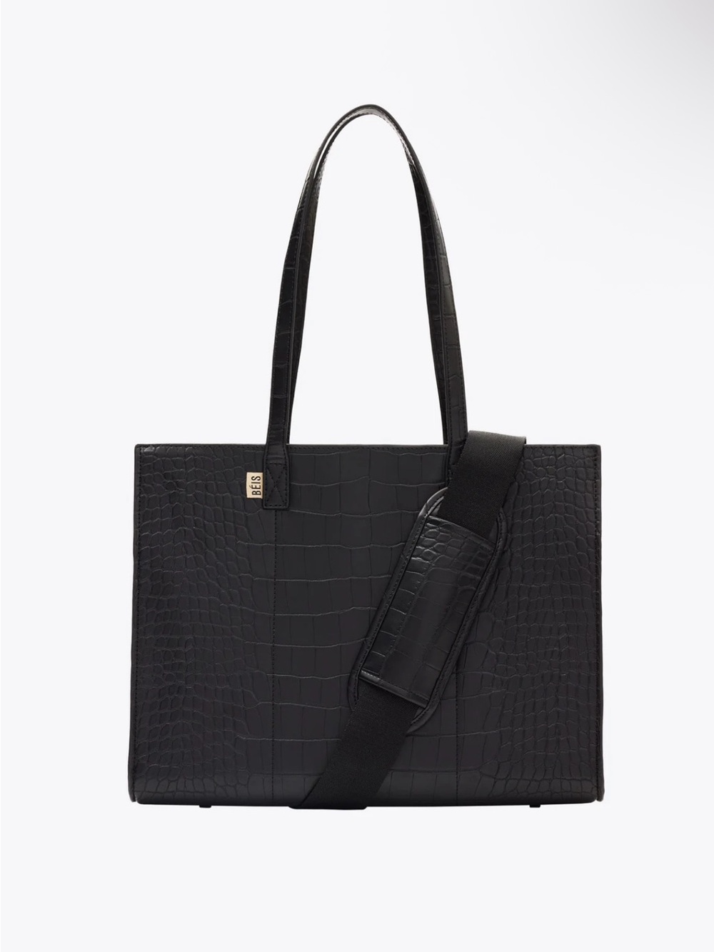 Black Croc-Embossed Tote with Adjustable Strap